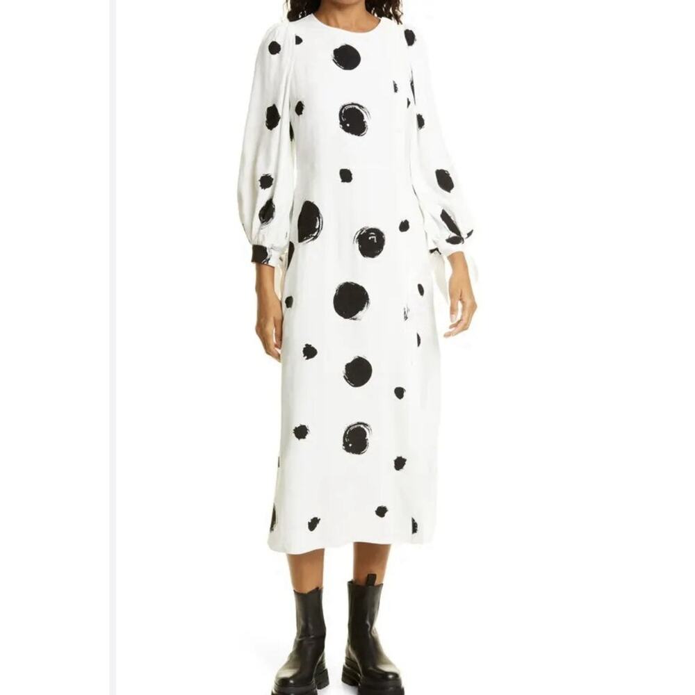 Ted Baker Eliyzza Polka Dot Print Button Up Midi Dress Long Slv Tie cuff 0 US 2